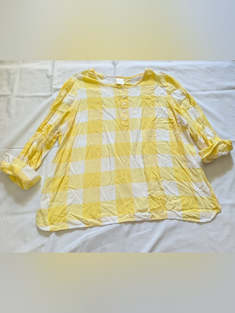 Summery Light Weight White And Yellow Plaid Button Up Blouse